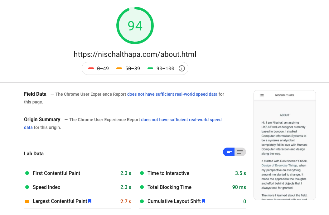 PageSpeed Insights reporting a good result on about page with some potential improvements